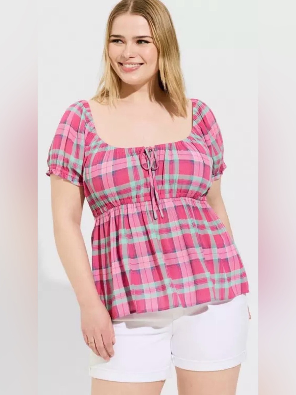 Torrid Pink Plaid Peasant Blouse with Aqua Accents